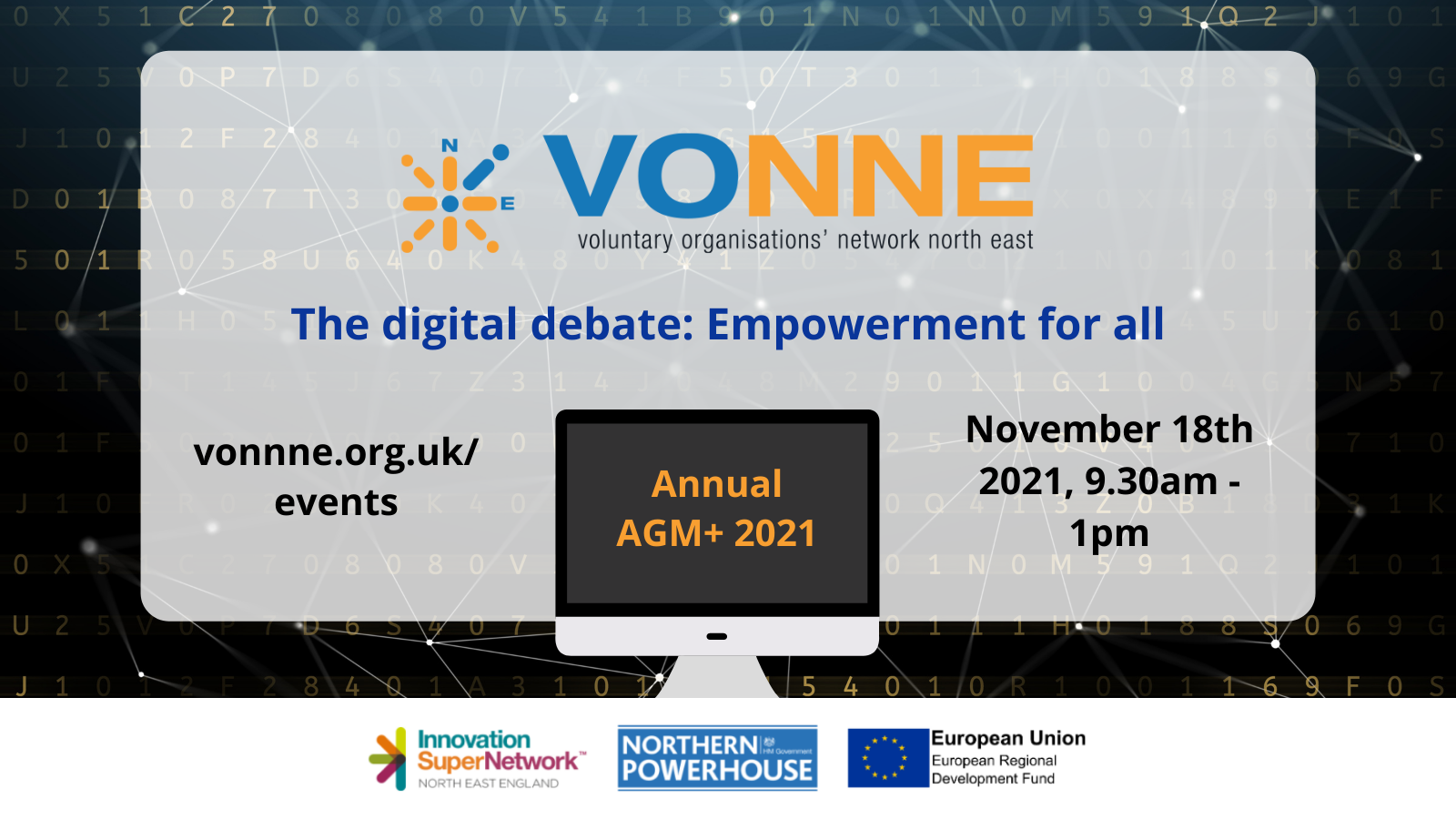 Graphic advertising VONNE's AGM+ 2021, with a background of letters and numbers representing code