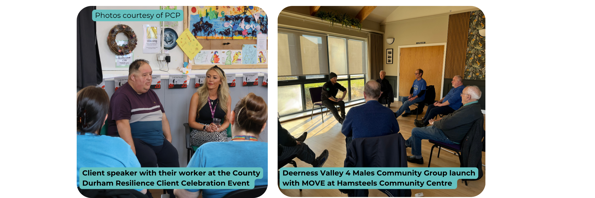 Gallery of photos showing a client speaking with their worker at a client celebration event, and a meeting of the Deerness Valley 4 Males Community Group.