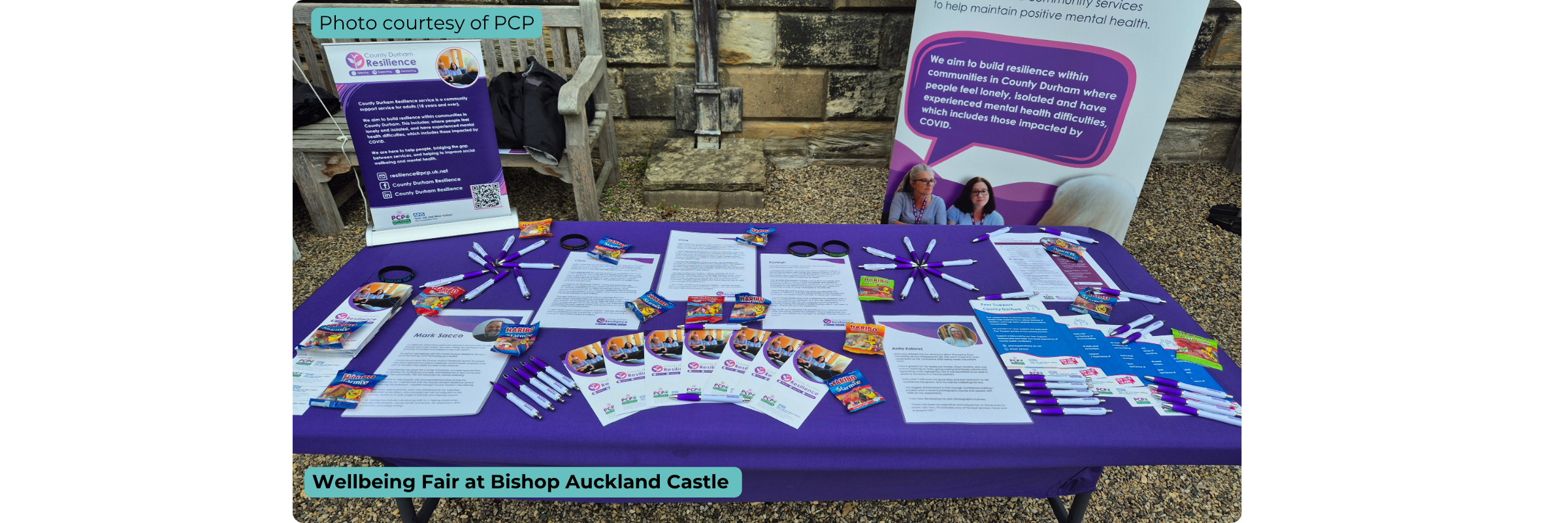 A table full of information leaflets and promotional banners at the Wellbeing Fair, Bishop Auckland Castle.