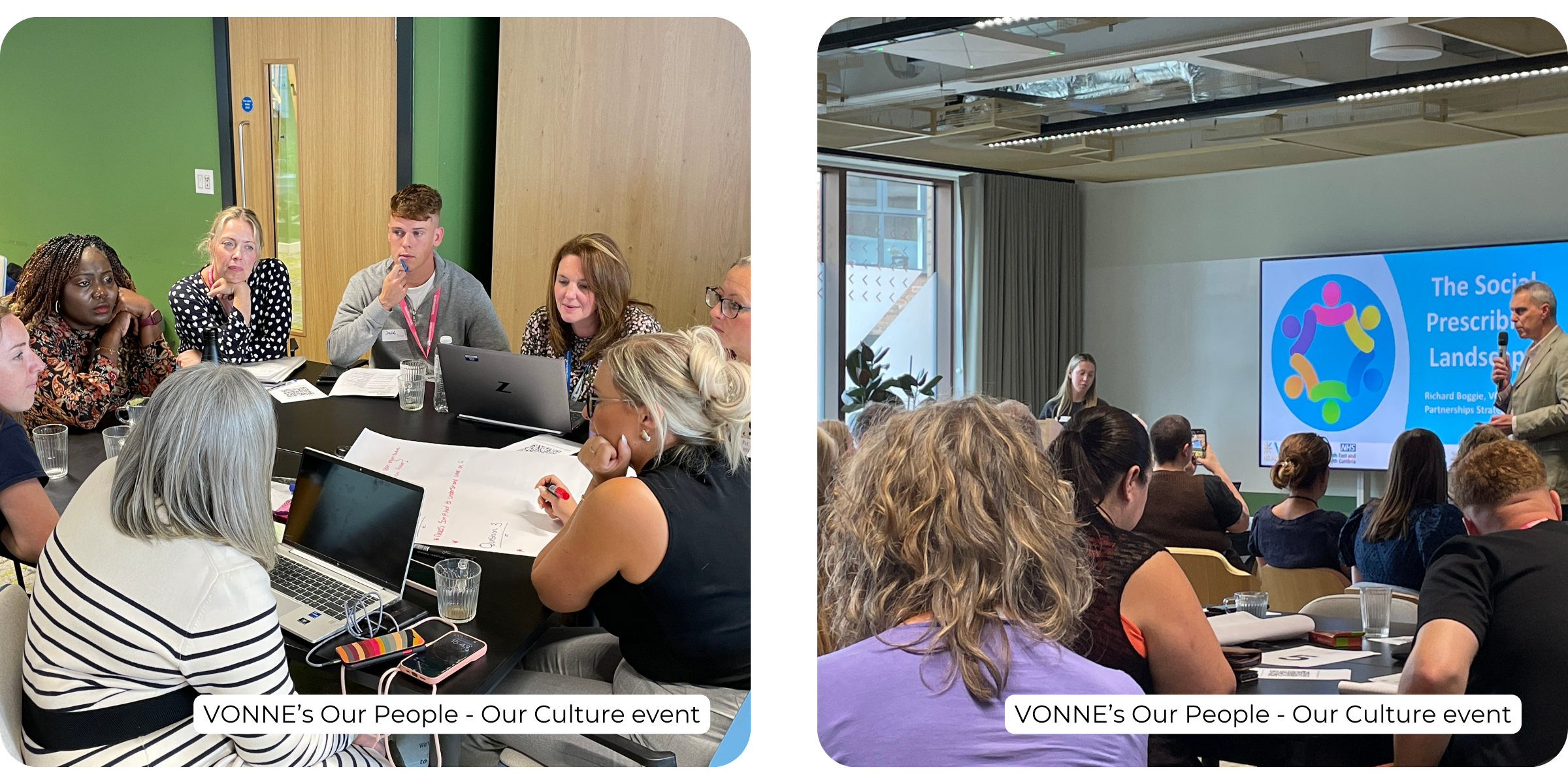 One photo showing a group seated around a table engaged in conversation, another photo shows VONNE's Richard Boggie speaking to the delegates.