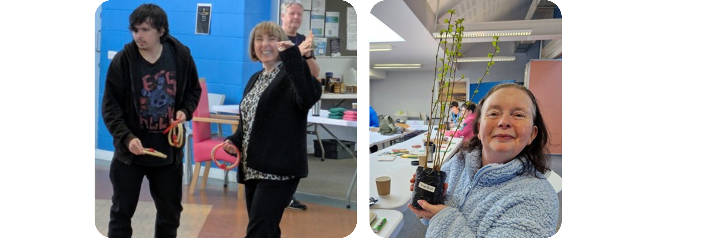 Left photo: Two people playing 'ring toss' with one of them punching the air in victory. Right photo: a lady smiling holding a small sapling in a plant pot.